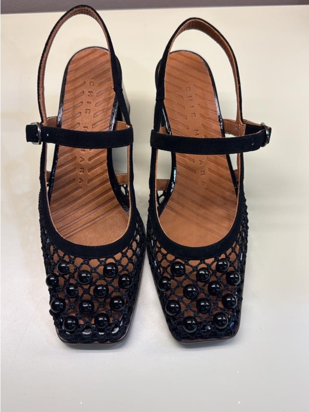Chie Mihara Black Beaded Mesh fishnet Slingback Mules